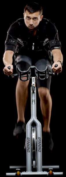 Male riding bike dressed in EMS Suit